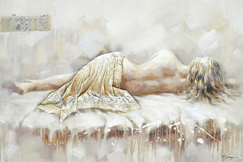 PXFC314 Wall décor art oil on canvas figures smi nude lady on bed beige tones